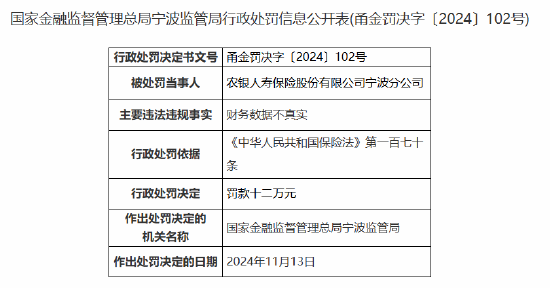 农银人寿宁波分公司因财务数据不真实被罚12万元